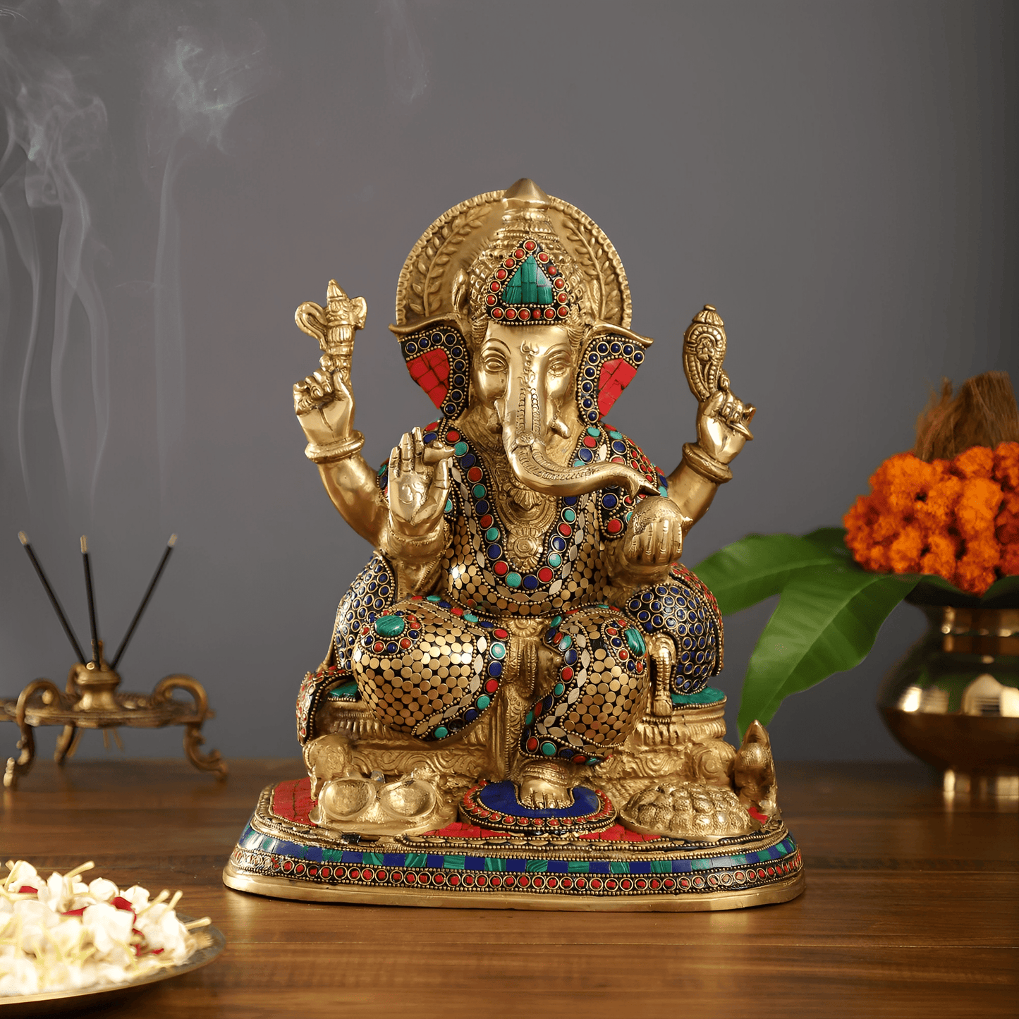 Brassaura™ Superfine Brass Ganesha Idol with Fruit Bowl & Modak Thali | Intricate Stonework | Height 13 Inches & Weight 12 Kgs