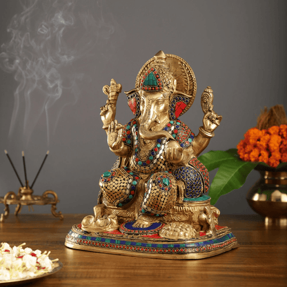 Brassaura™ Superfine Brass Ganesha Idol with Fruit Bowl & Modak Thali | Intricate Stonework | Height 13 Inches & Weight 12 Kgs