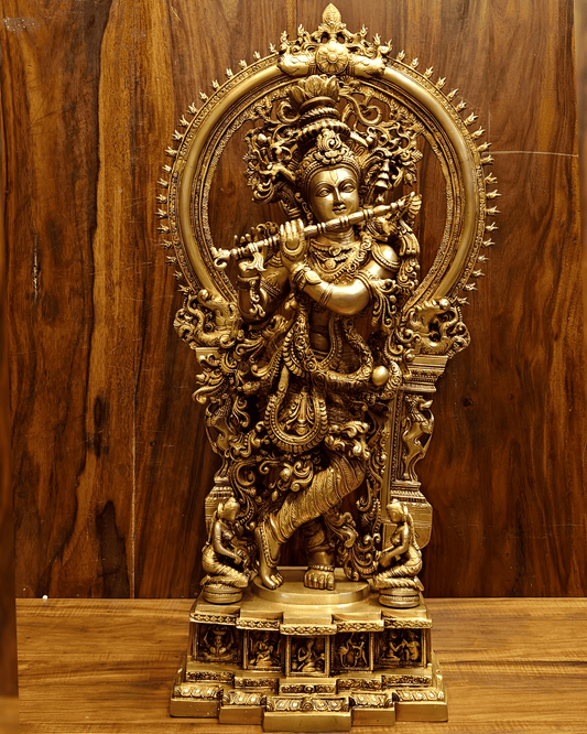 Brassaura™ Lord Krishna with Large Prabhavali Frame | Pure Brass Idol | Height 32 Inches & Weight 35 Kgs