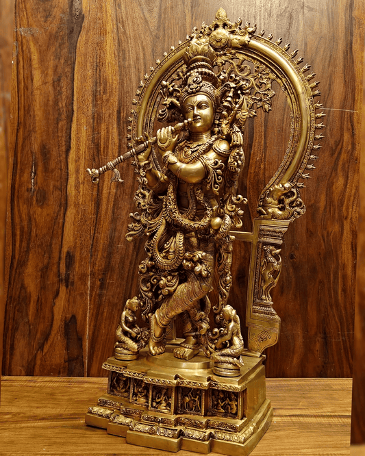 Brassaura™ Lord Krishna with Large Prabhavali Frame | Pure Brass Idol | Height 32 Inches & Weight 35 Kgs