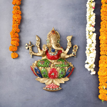Brassaura™ Superfine Brass Lord Ganesha Wall Hanging with Stonework | Height 12 Inches & Weight 3.5 Kgs