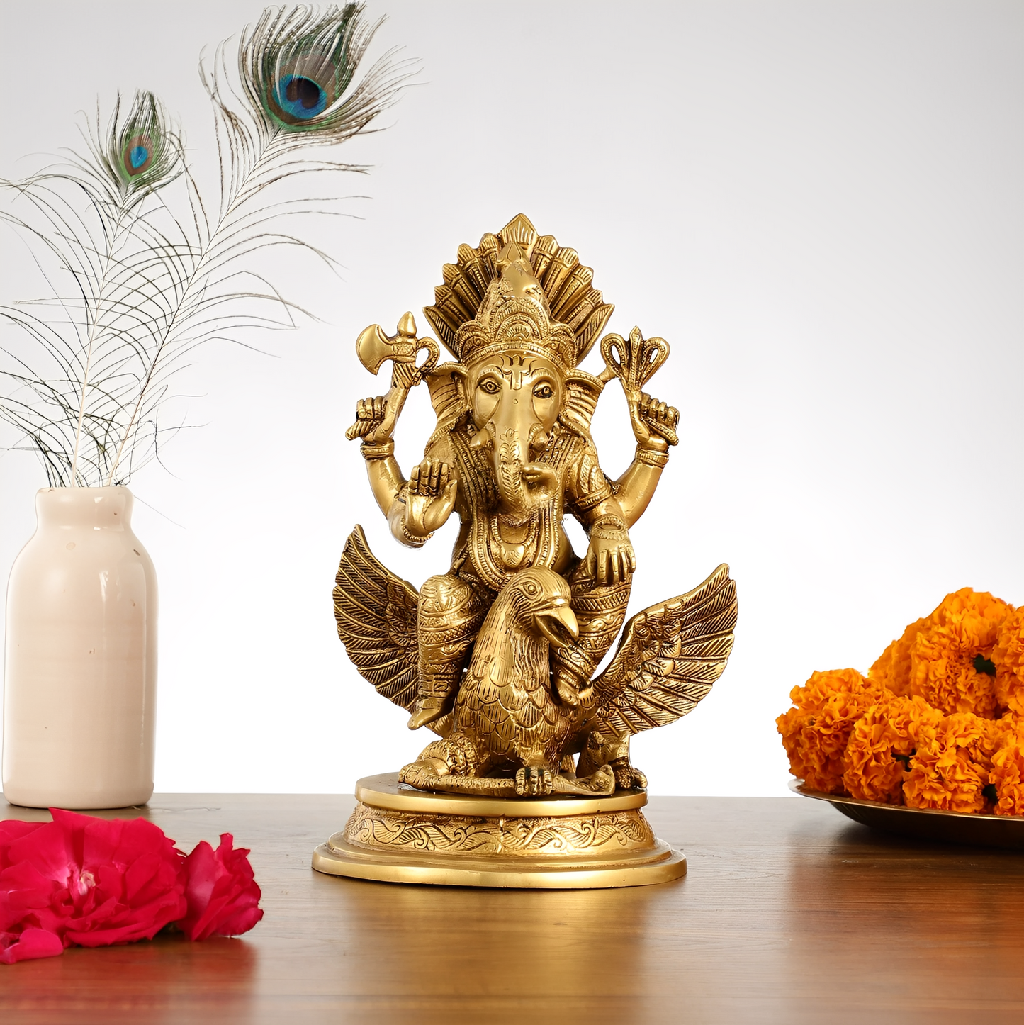 ब्रॉसौरा® सुपरफाइन ब्रास गरुड़ पर भगवान गणेश | हस्तनिर्मित | ऊंचाई 10 इंच
