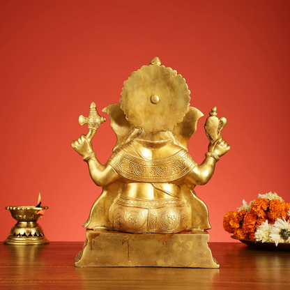 Brassaura™ Superfine Brass Lord Ganesha Statue | Handcrafted Spiritual Showpiece | Weight 12.5 Kgs | Height 15 Inches
