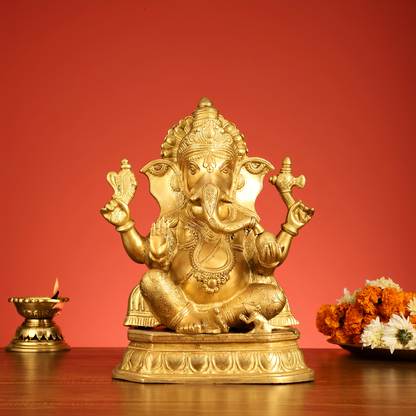 Brassaura™ Superfine Brass Lord Ganesha Statue | Handcrafted Spiritual Showpiece | Weight 12.5 Kgs | Height 15 Inches
