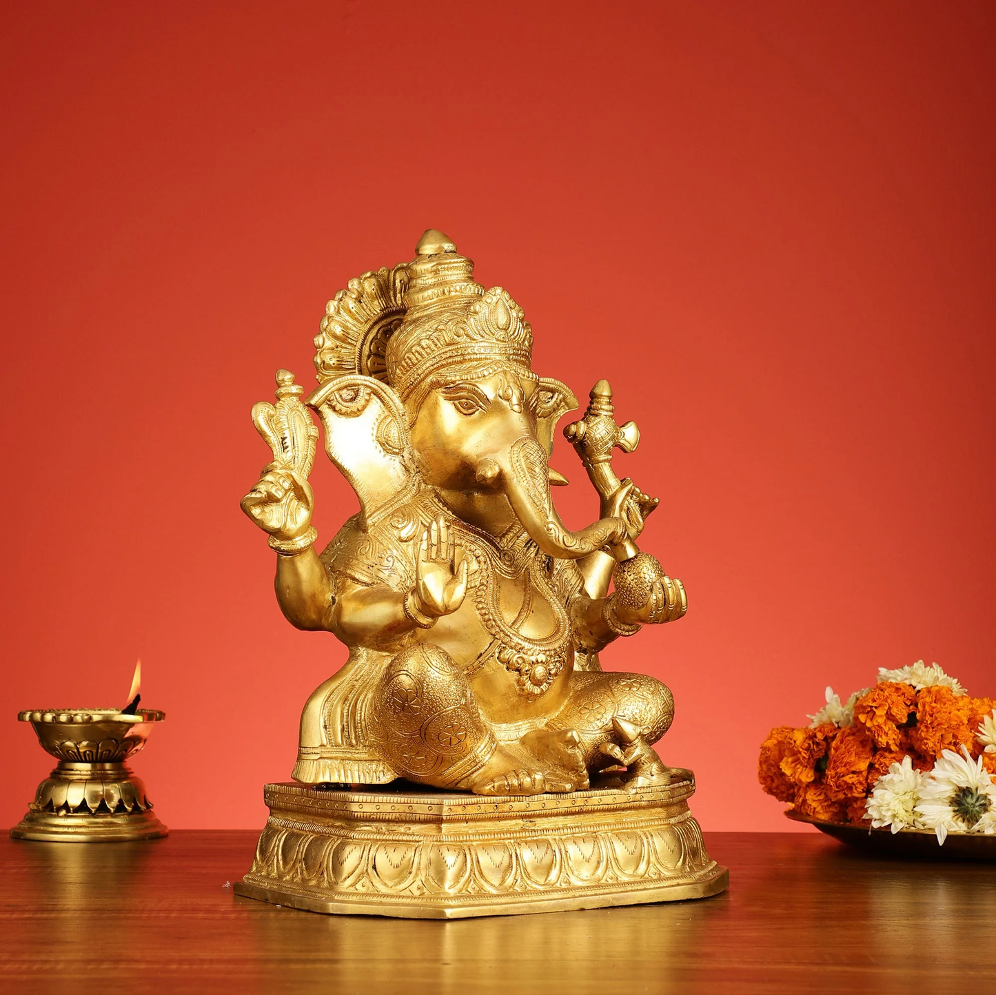 Brassaura™ Superfine Brass Lord Ganesha Statue | Handcrafted Spiritual Showpiece | Weight 12.5 Kgs | Height 15 Inches