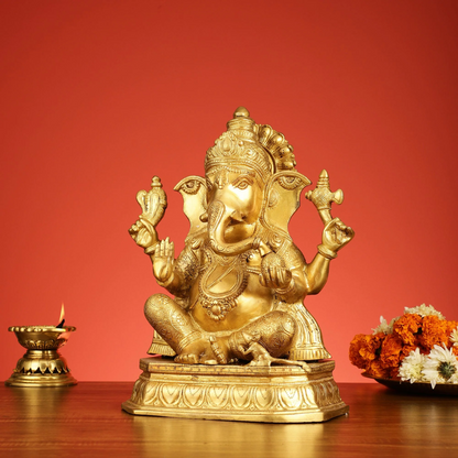 Brassaura™ Superfine Brass Lord Ganesha Statue | Handcrafted Spiritual Showpiece | Weight 12.5 Kgs | Height 15 Inches