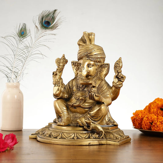 Brassaura™ Superfine Brass Lord Ganesha Idol with Turban | Handcrafted | Height 12 Inches & Weight 6.5 Kgs
