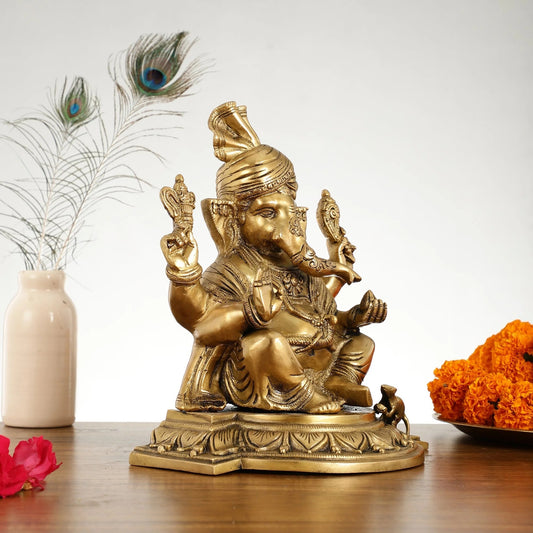 ब्रसौरा® सुपरफाइन ब्रास भगवान गणेश प्रतिमा पगड़ी के साथ | हस्तनिर्मित | ऊंचाई 12 इंच