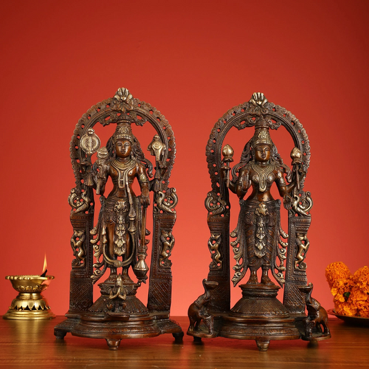 Brassaura™ 16-Inch Superfine Brass Vishnu & Lakshmi Idol Pair – 12kg – Antique Bronze Finish with Garuda & Elephants for Home Temple Décor