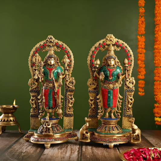 Brassaura™ Handcrafted Brass Vishnu & Lakshmi Statues – 14kg, 17-Inch – Elegant Divine Décor for Home Temple & Spiritual Spaces