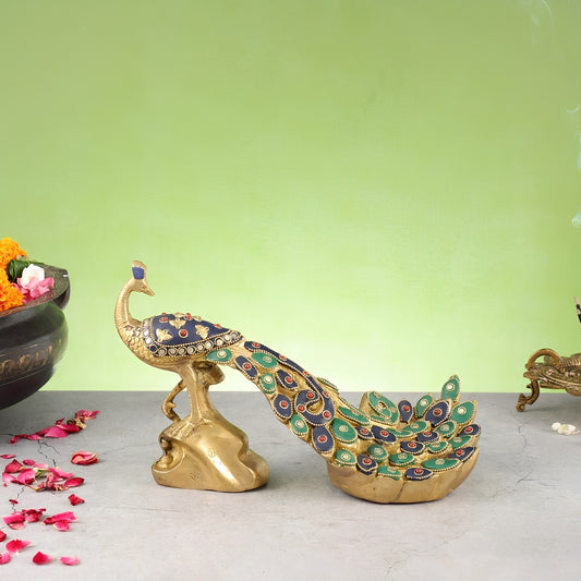 Brassaura® Superfine Brass Peacock Showpiece with Stonework – Height 7 Inches & Weight 3 Kgs