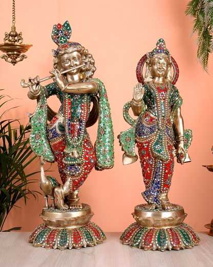 ब्रासोरा® वृंदावन वेणुगोपाल कृष्ण पीतल की प्रतिमा मोर के साथ | एंटीक नीला और सुनहरा रंग | ऊँचाई 20 इंच