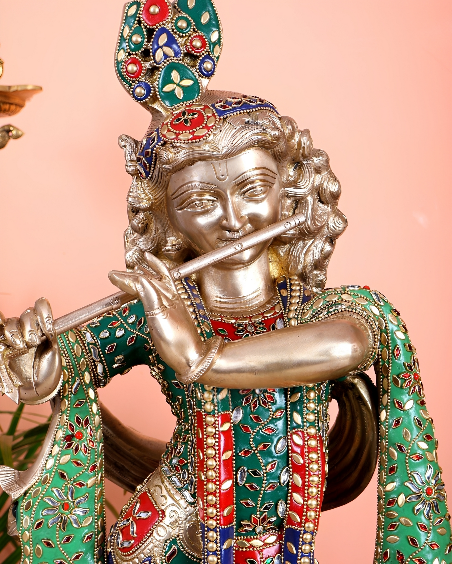 ब्रासोरा® वृंदावन वेणुगोपाल कृष्ण पीतल की प्रतिमा मोर के साथ | एंटीक नीला और सुनहरा रंग | ऊँचाई 20 इंच