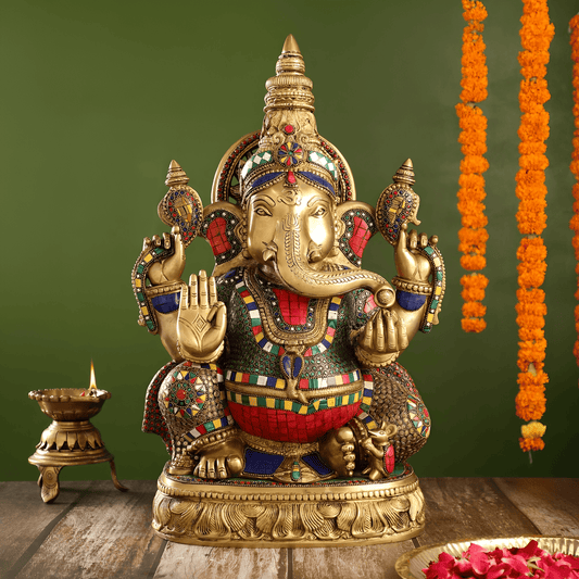 ब्रासौड़ा® स्टोनवर्क के साथ अति उत्तम पीतल सूर्य गणपति प्रतिमा | ऊंचाई 20 इंच