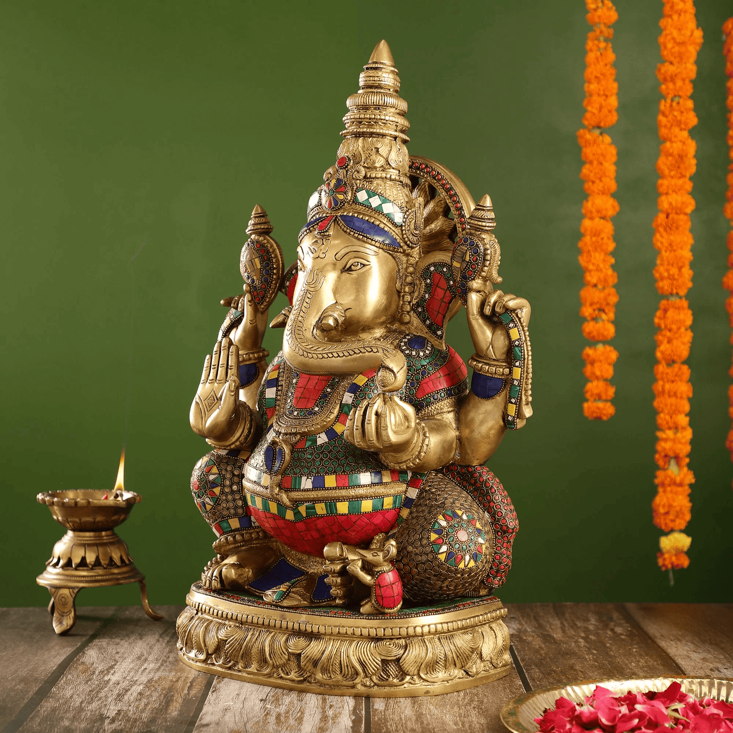 Brassaura™ Superfine Brass Surya Ganapathi Statue with Stonework | Height 20 Inches & Weight 23 Kgs