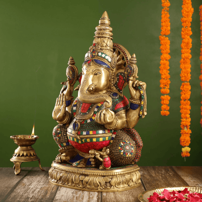 Brassaura™ Superfine Brass Surya Ganapathi Statue with Stonework | Height 20 Inches & Weight 23 Kgs