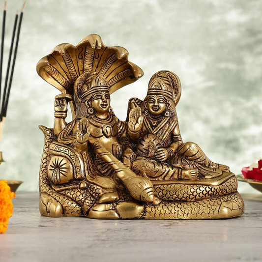 Brassaura™ Brass Vishnu & Lakshmi Idol on Sheshnag – 2.3kg, 6.5-Inch – Handcrafted Statue for Blessings & Prosperity