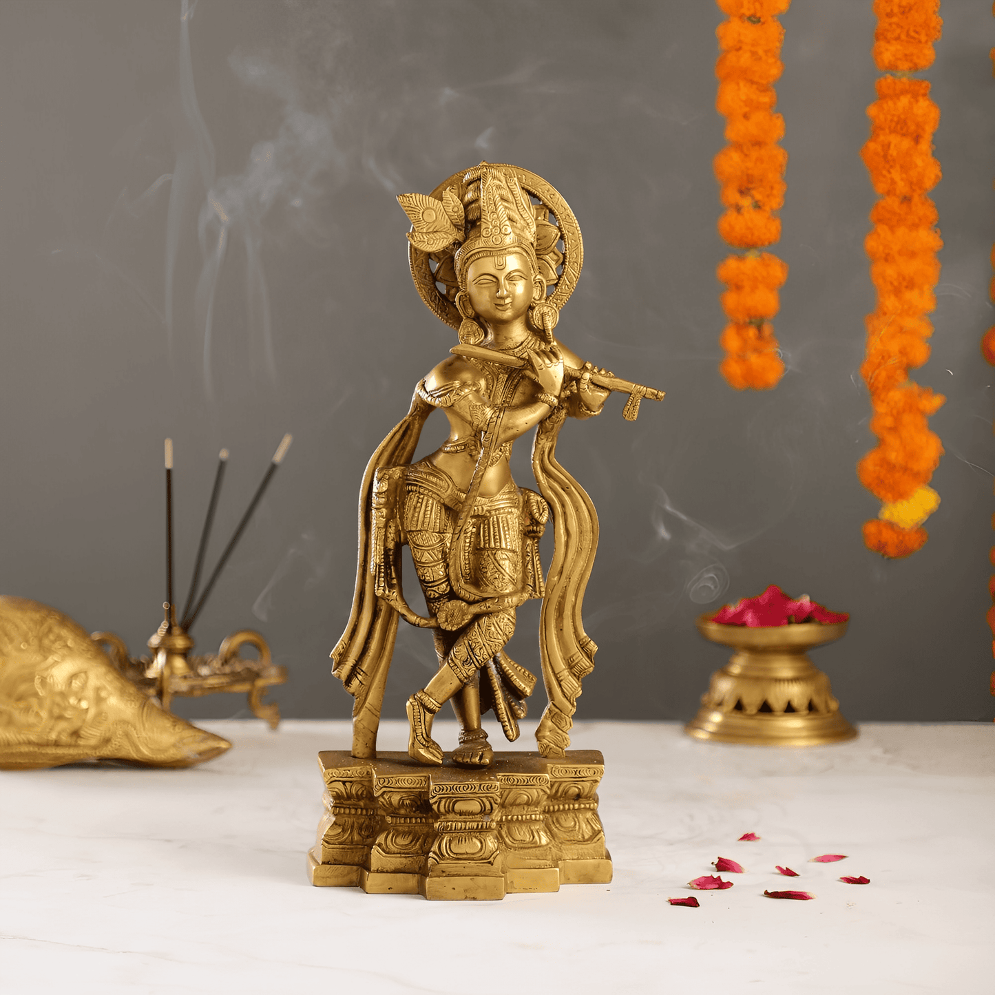 Brassaura™ Lord Krishna Brass Idol | Pure Brass | Height 12 Inches & Weight 2.5 Kgs