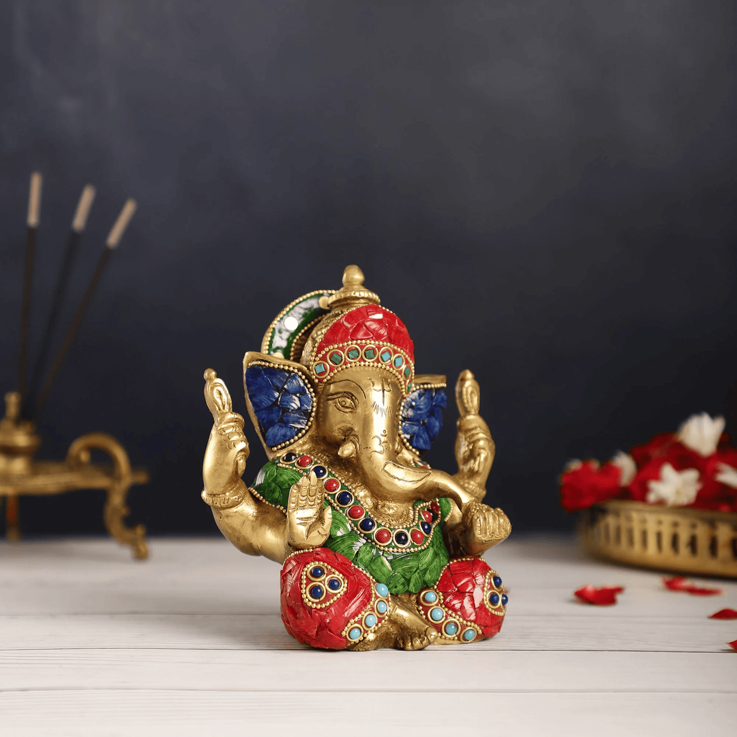Brassaura™ Handcrafted Brass Lord Ganesha Idol with Meenakari Stonework | Height 6 Inches & Weight 1.8 Kgs