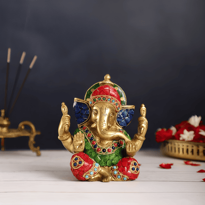 Brassaura™ Handcrafted Brass Lord Ganesha Idol with Meenakari Stonework | Height 6 Inches & Weight 1.8 Kgs