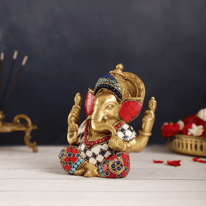 Brassaura™ Pure Brass Meenakari Ganesha Idol with Coloured Sandstone Check Work | Height 6 Inches & Weight 1.8 Kgs