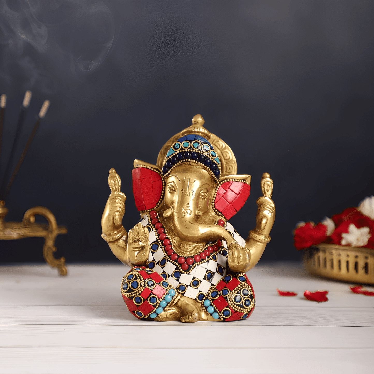Brassaura™ Pure Brass Meenakari Ganesha Idol with Coloured Sandstone Check Work | Height 6 Inches & Weight 1.8 Kgs