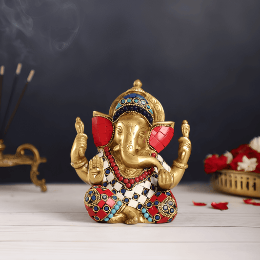ब्रासुर® शुद्ध पीतल मीनाकारी गणेश प्रतिमा रंगीन सैंडस्टोन चेक वर्क के साथ | ऊंचाई 6 इंच