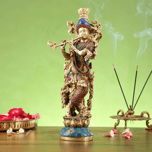 Brassaura™ Lord Krishna Brass Statue | Pure Brass with Stonework | Height 14 Inches & Weight 4.5 Kgs