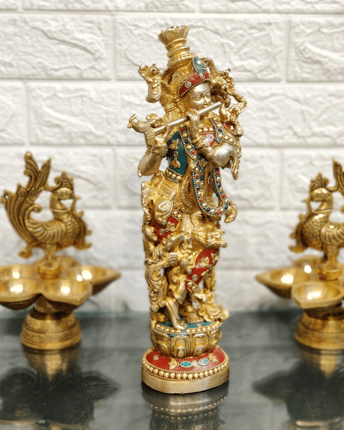 Brassaura™ Lord Krishna Brass Statue | Pure Brass with Stonework | Height 14 Inches & Weight 4 Kgs