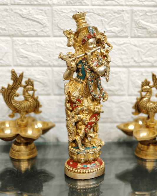 Brassaura™ Lord Krishna Brass Statue | Pure Brass with Stonework | Height 14 Inches & Weight 4 Kgs