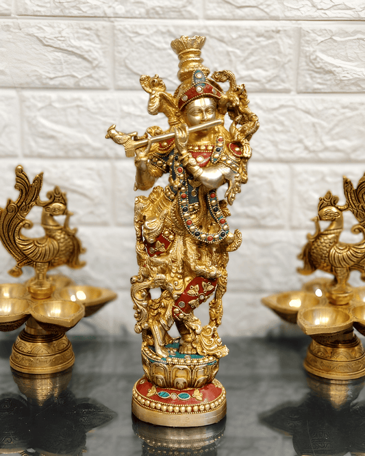 Brassaura™ Lord Krishna Brass Statue | Pure Brass with Stonework | Height 14 Inches & Weight 4 Kgs