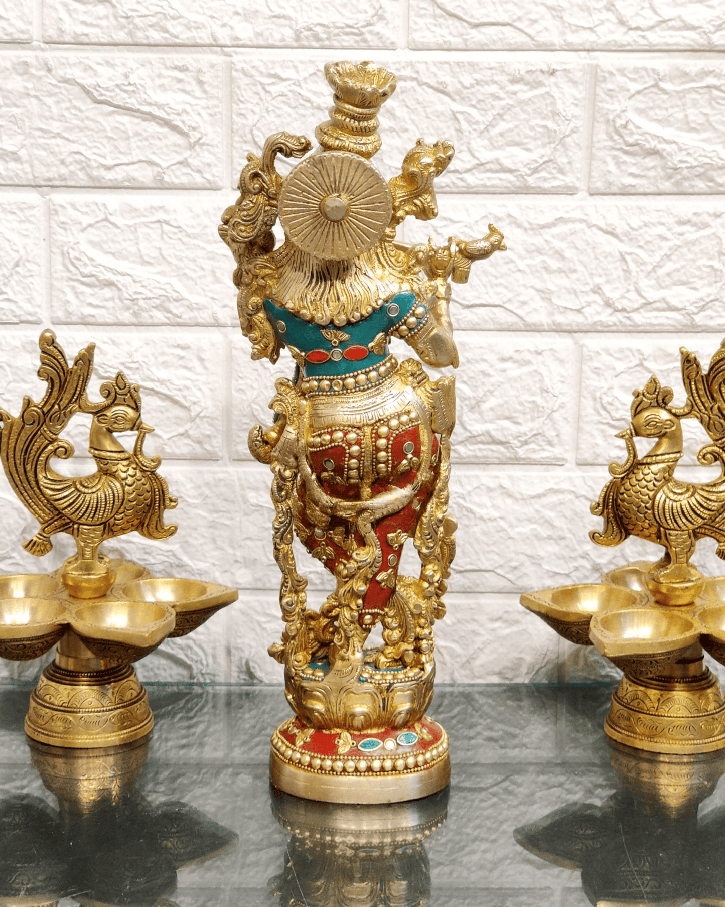 Brassaura™ Lord Krishna Brass Statue | Pure Brass with Stonework | Height 14 Inches & Weight 4 Kgs