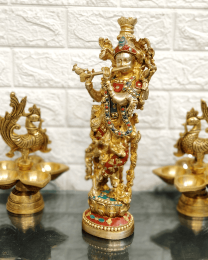 Brassaura™ Lord Krishna Brass Statue | Pure Brass with Stonework | Height 14 Inches & Weight 4 Kgs