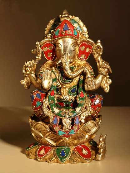 Brassaura® Goddess Lakshmi and Lord Ganesha Pair | Pure Brass with Meenakari Inlay Work | Height 9 Inches & Weight 7.40 kgs