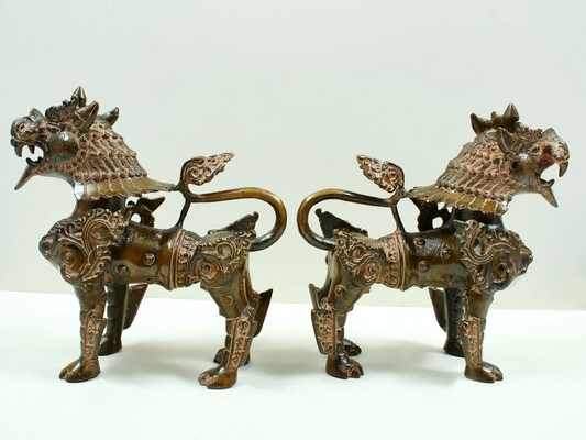 Brassaura® Pair of Tibetan Snow Lion Guardian Brass Sculptures | Pure Brass | Height 9 Inches & Weight 6.14 kgs