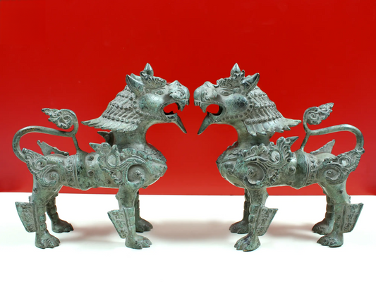 Brassaura® Pair of Tibetan Snow Lion Guardian Brass Sculptures | Pure Brass | Height 9 Inches & Weight 6.14 kgs