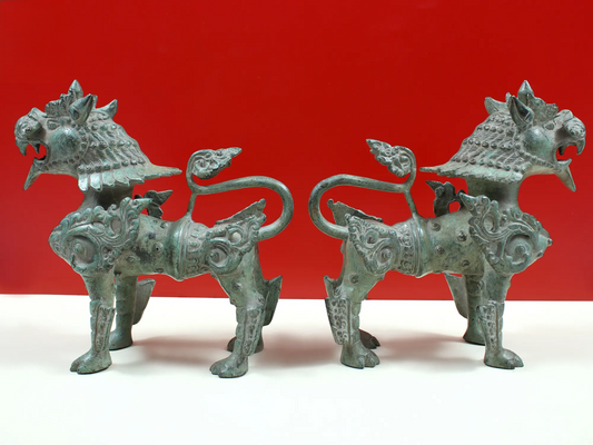 Brassaura® Pair of Tibetan Snow Lion Guardian Brass Sculptures | Pure Brass | Height 9 Inches & Weight 6.14 kgs