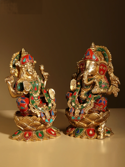 Brassaura® Goddess Lakshmi and Lord Ganesha Pair | Pure Brass with Meenakari Inlay Work | Height 9 Inches & Weight 7.40 kgs