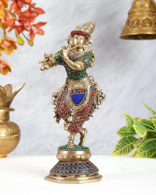 Brassaura® Brass Krishna Statue with Floral Stonework | Height 9.5 Inches