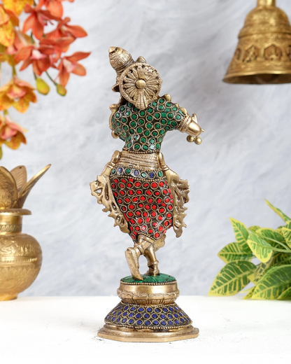 Brassaura® Brass Krishna Statue with Floral Stonework | Height 9.5 Inches