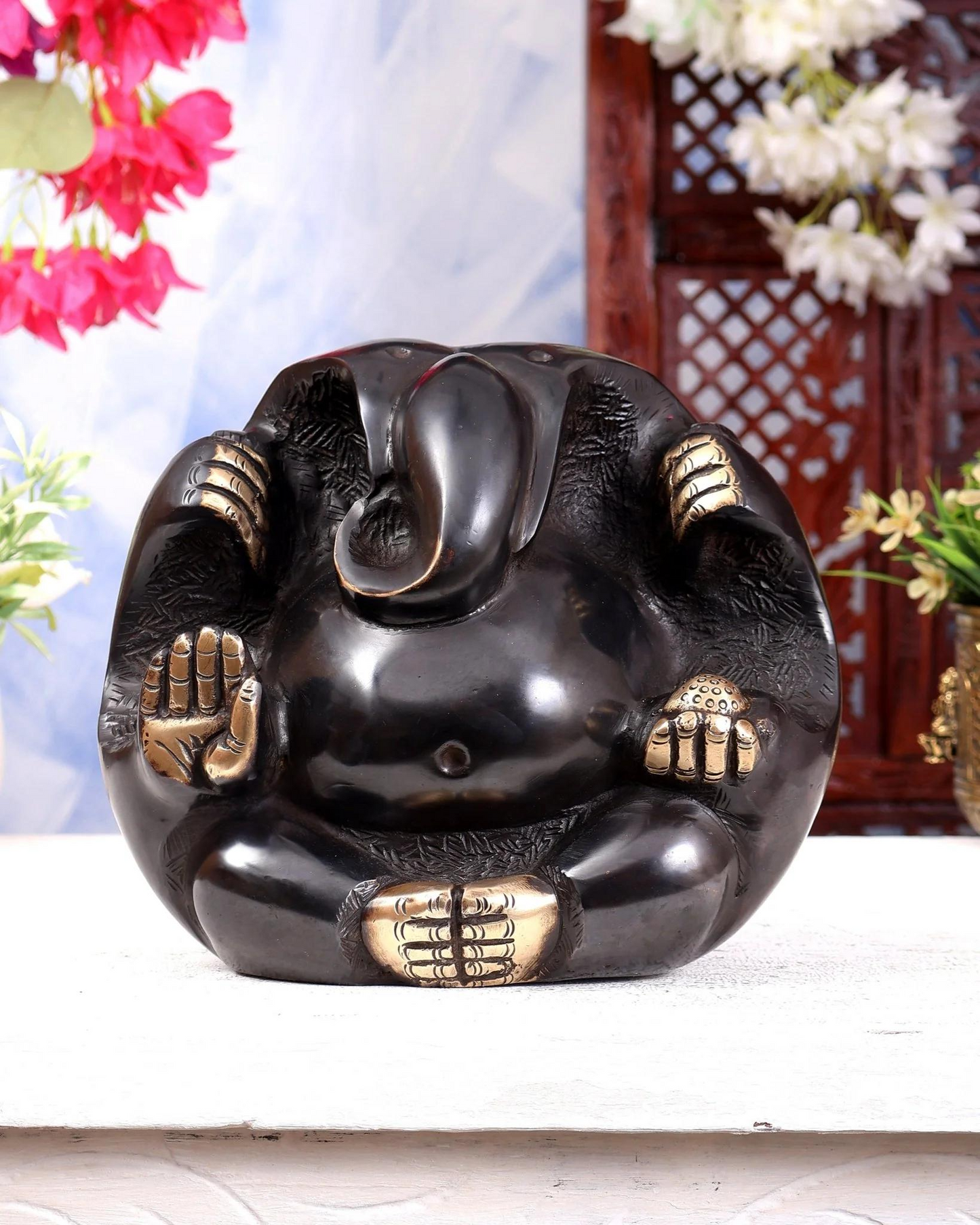 Brassaura® Brass Pindi Roop Lord Ganesha Idol with Antique Black Finish | Handcrafted Modern Ganpati Statue for Home Temple, Office & Spiritual Décor | Height 7.2 Inches | Weight 6.04 Kgs