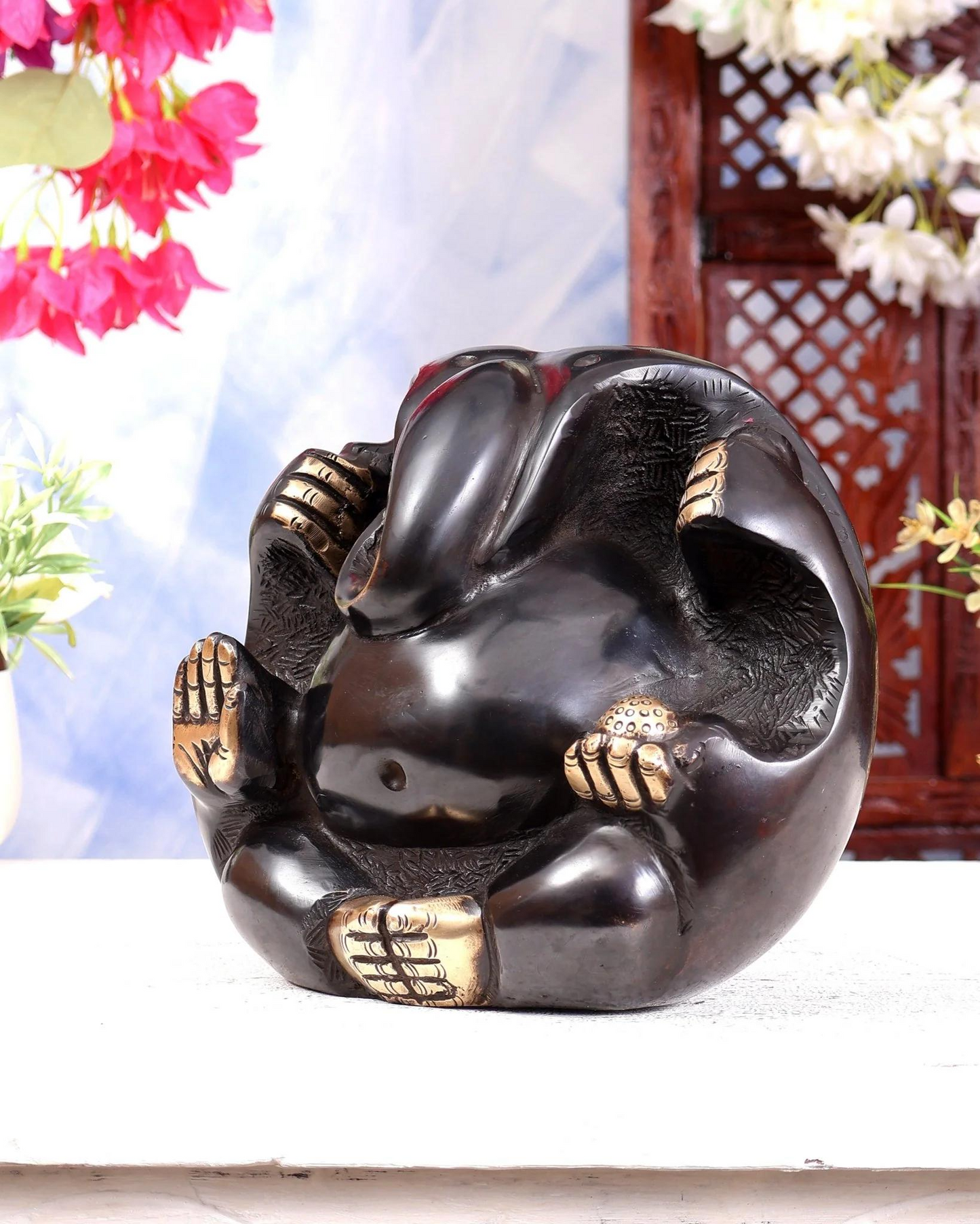 Brassaura® Brass Pindi Roop Lord Ganesha Idol with Antique Black Finish | Handcrafted Modern Ganpati Statue for Home Temple, Office & Spiritual Décor | Height 7.2 Inches | Weight 6.04 Kgs