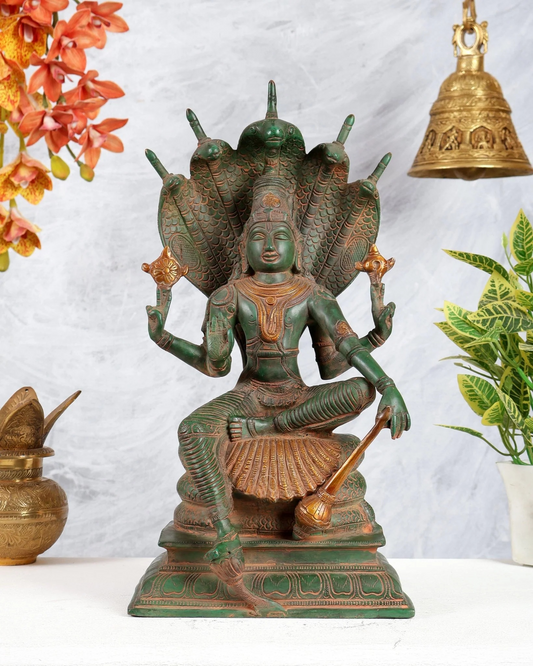 Brassaura® Brass Vishnu Sitting Under Sheshanaaga Throne | Height 11 Inches
