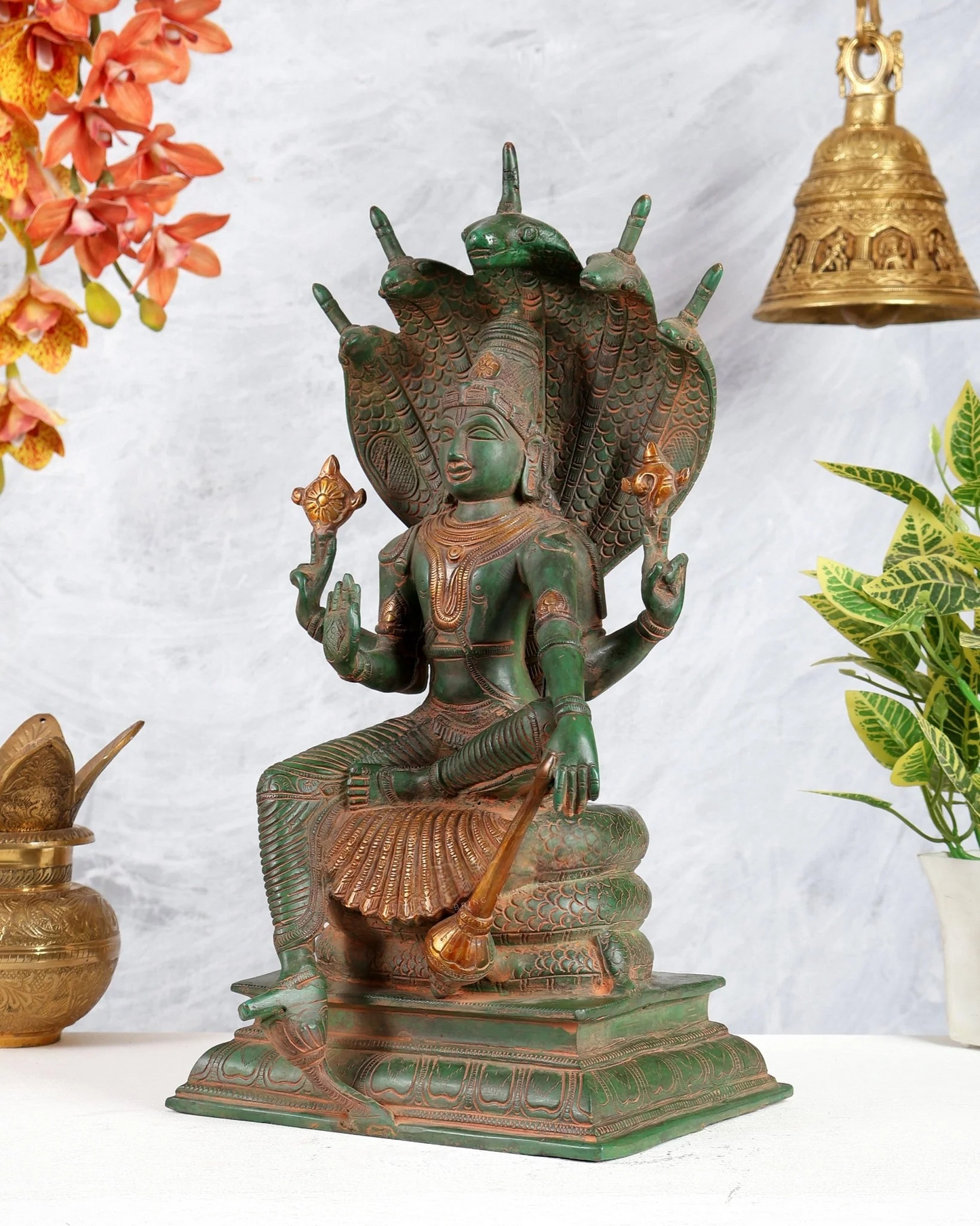 Brassaura® Brass Vishnu Sitting Under Sheshanaaga Throne | Height 11 Inches