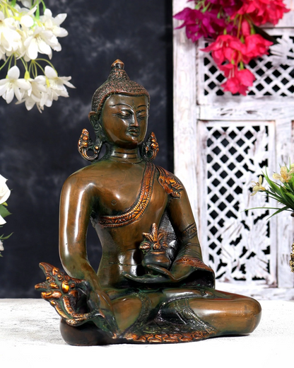 Brassaura® Medicine Buddha Healing Buddha Meditation Idol with Nepalese Bronze Tone Finish | Pure Superfine Brass Handcrafted Murti | Brass Statue for Home Temple, Pooja Room | Height 9 Inches | Weight 2.5 Kgs