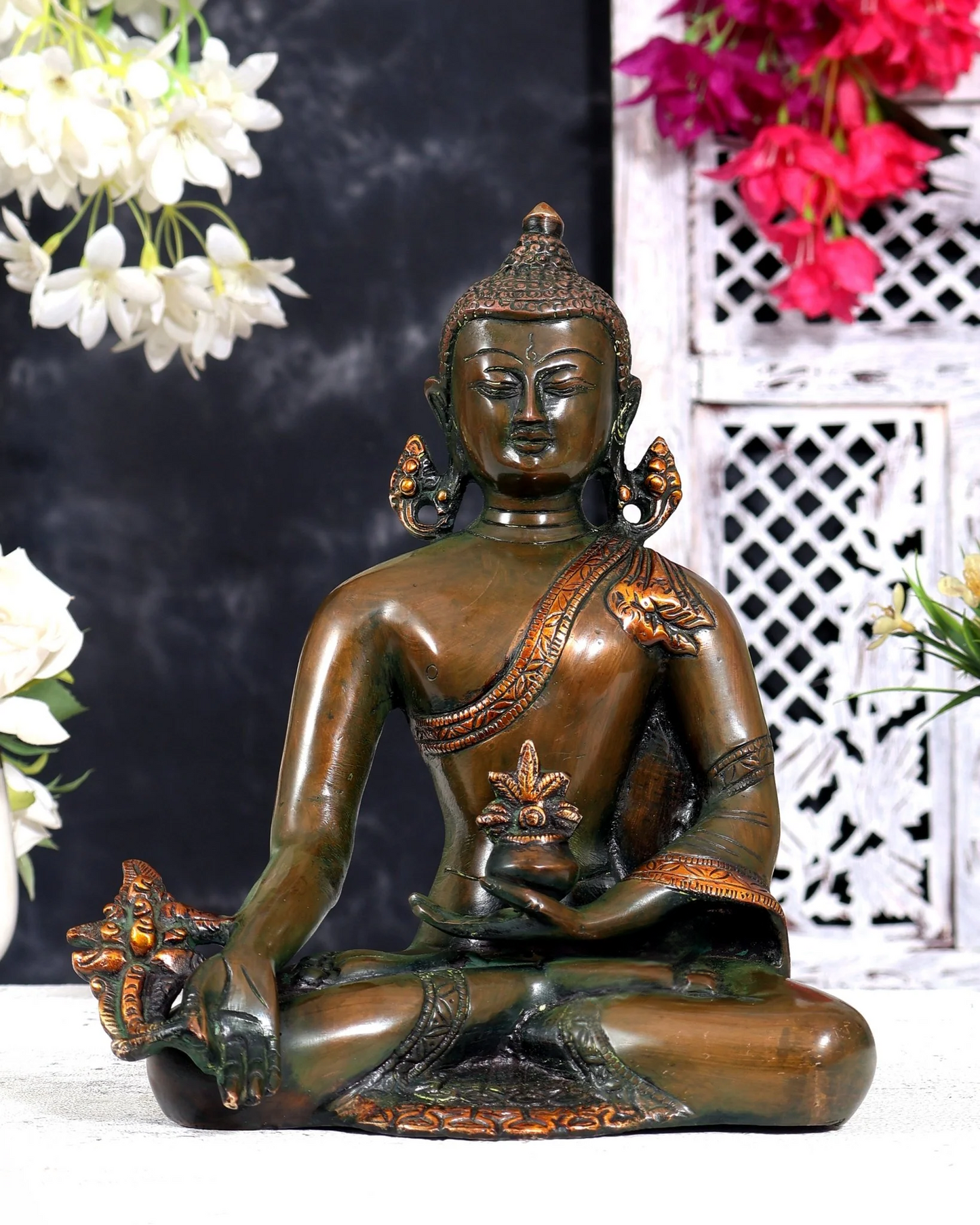 Brassaura® Medicine Buddha Healing Buddha Meditation Idol with Nepalese Bronze Tone Finish | Pure Superfine Brass Handcrafted Murti | Brass Statue for Home Temple, Pooja Room | Height 9 Inches | Weight 2.5 Kgs