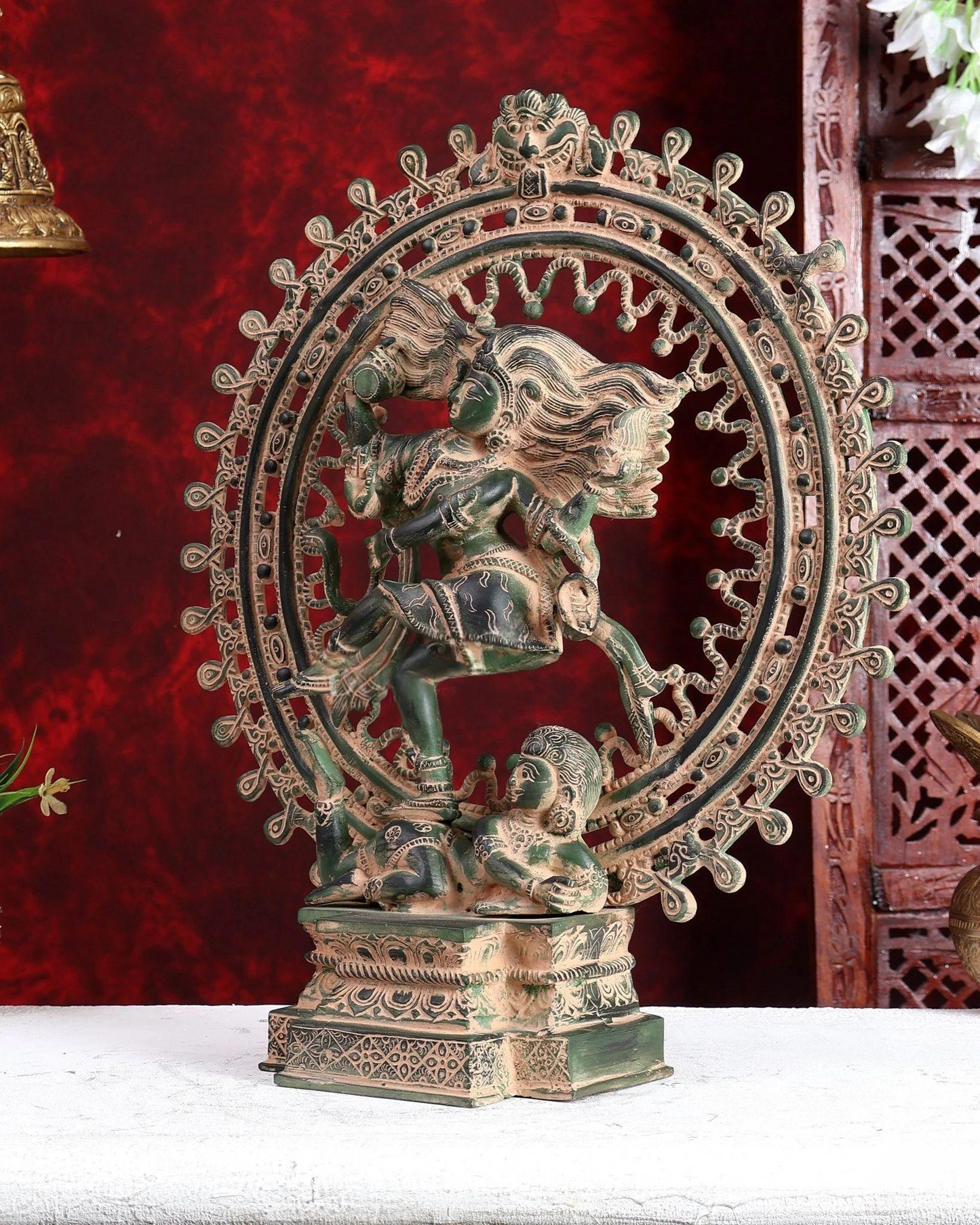 Brassaura® Brass Lord Nataraja Idol with Vintage Green Patina Finish | Handcrafted Dancing Shiva (Nataraja) Murti for Home Temple & Luxury Décor | Height 17 Inches | Weight 7.27 Kgs