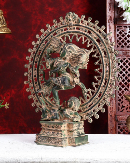 Brassaura® Brass Lord Nataraja Idol with Vintage Green Patina Finish | Handcrafted Dancing Shiva (Nataraja) Murti for Home Temple & Luxury Décor | Height 17 Inches | Weight 7.27 Kgs