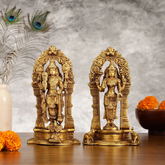 Brassaura™ Pure Brass Vishnu & Lakshmi Idol Pair with Prabhavalis – 4kg, 9-Inch – Handcrafted with Garuda & Elephants for Home Temple Décor