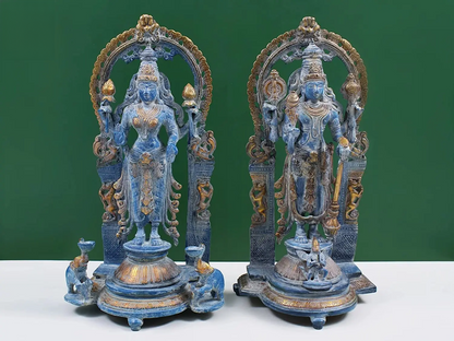 Brassaura® Lakshmi & Vishnu Brass Statue Pair | Natural Brass Finish | Height 15.9 Inches
